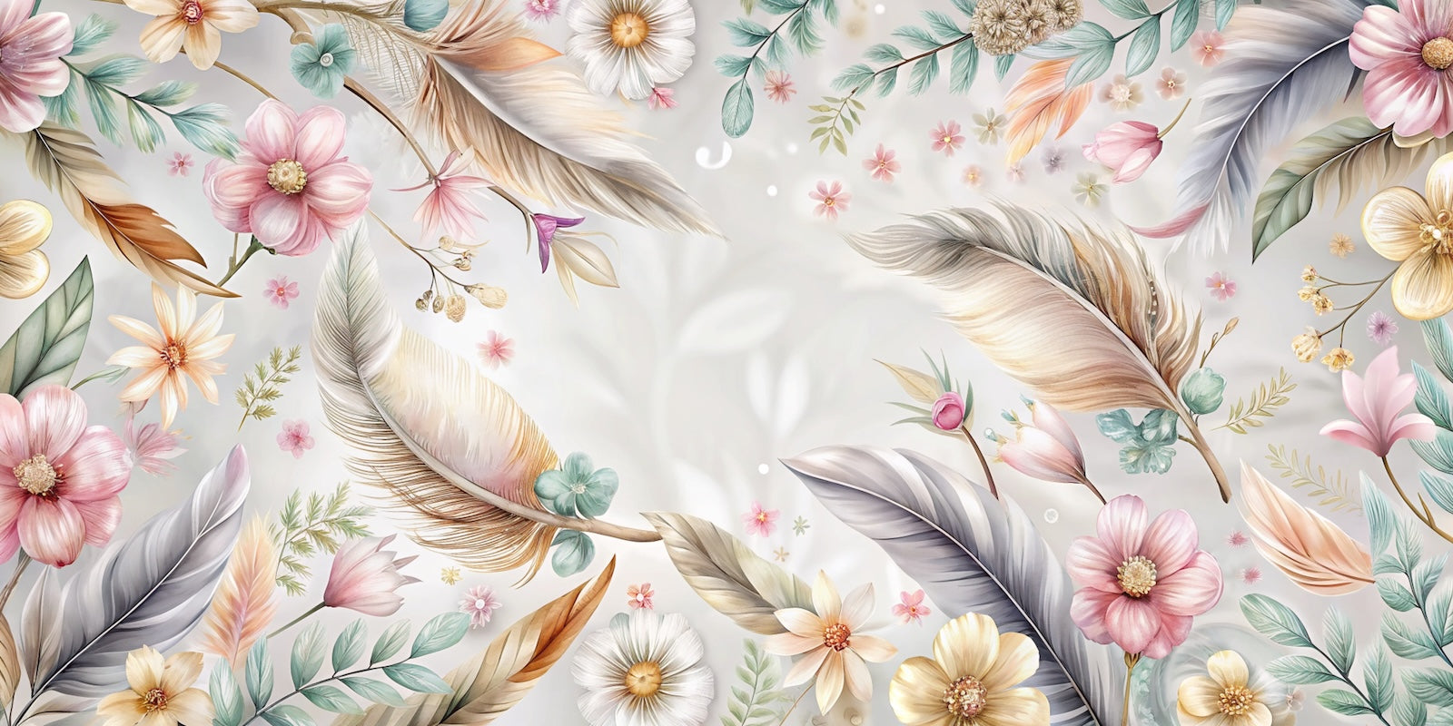Papier Peint Floral - Plumes et Fleurs Aquarelle