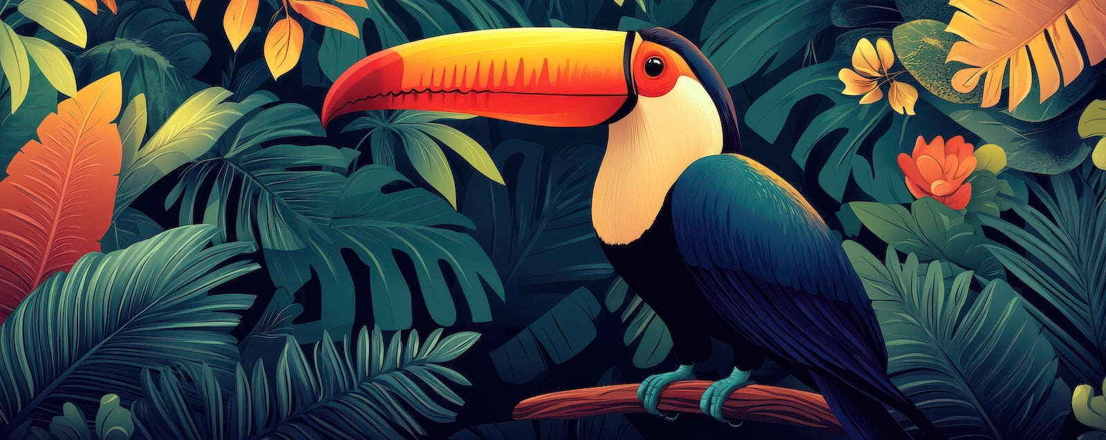 Papier Peint Oiseaux & Rapaces - Toucans dans la Jungle Colorée