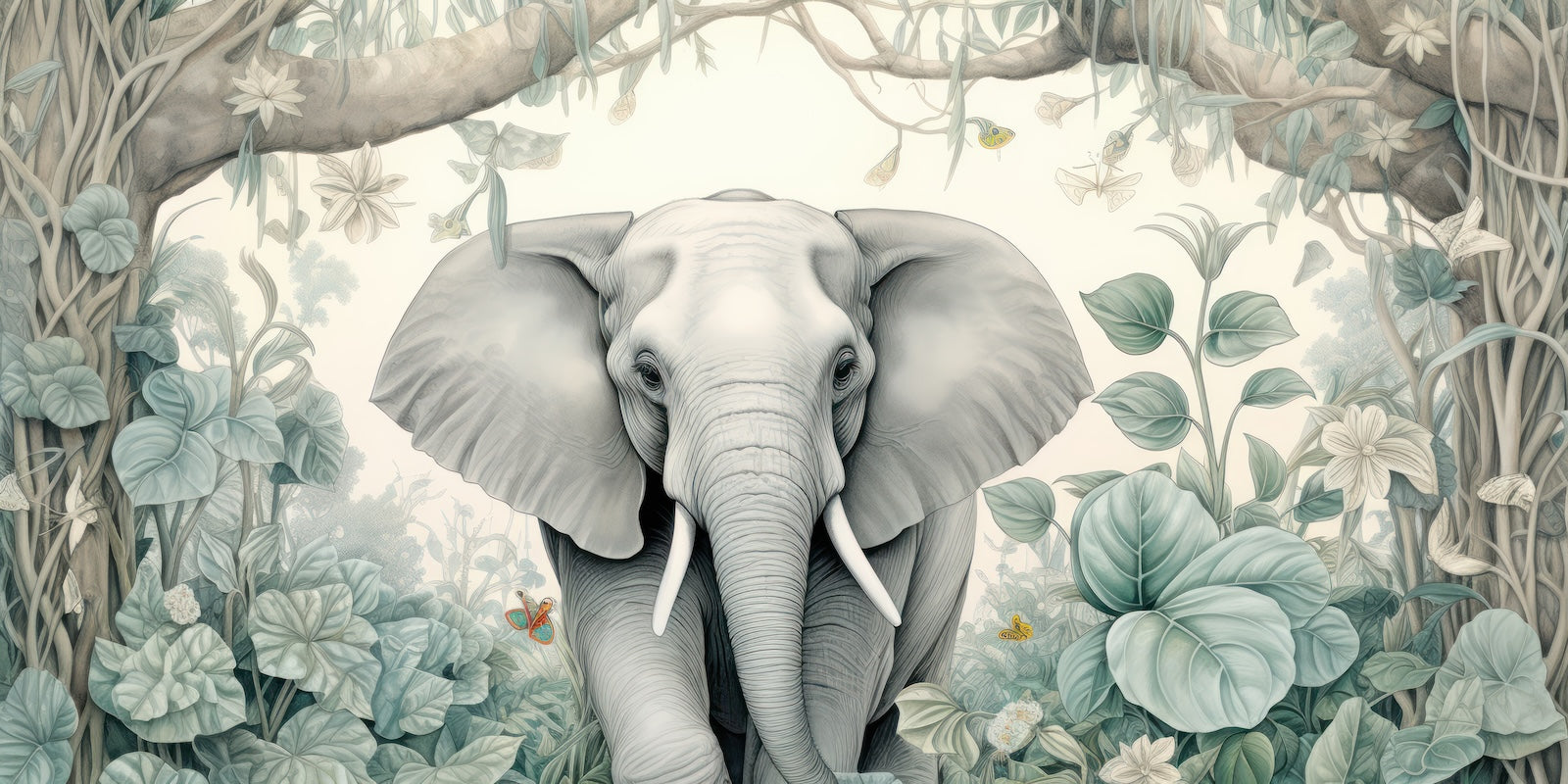 Papier Peint Animaux - Éléphant sur Fond Floral Turquoise
