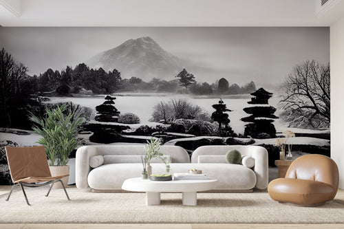 Papier Peint Noir et Blanc - Jardin Zen et Montagne