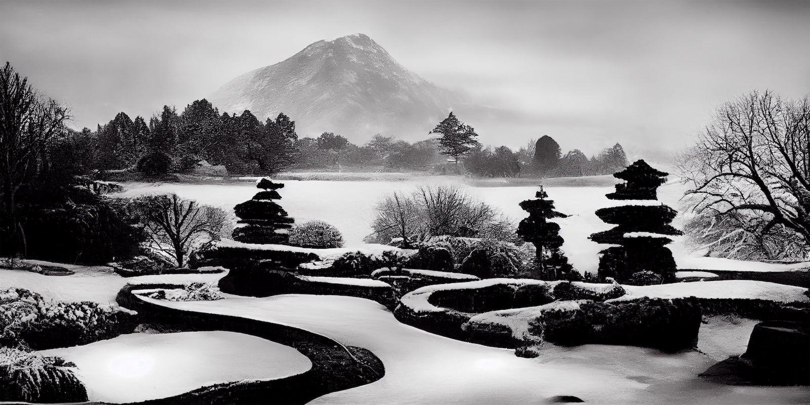 Papier Peint Noir et Blanc - Jardin Zen et Montagne