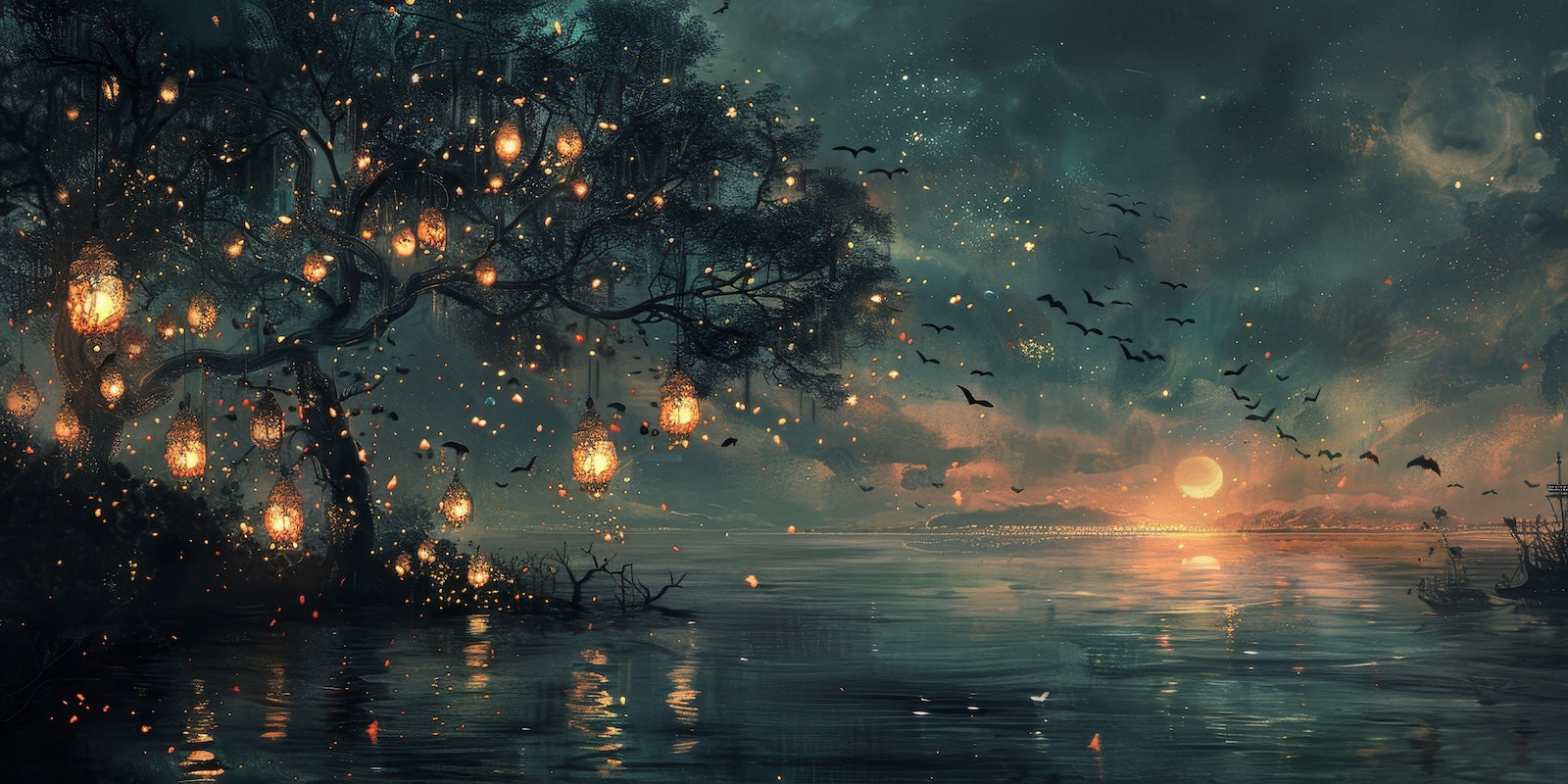 Papier Peint Illustration - Forêt Lumineuse Nocturne