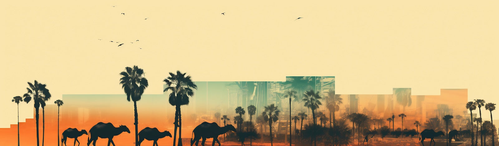 Papier Peint Animaux - Éléphants et Palmiers au Coucher de Soleil