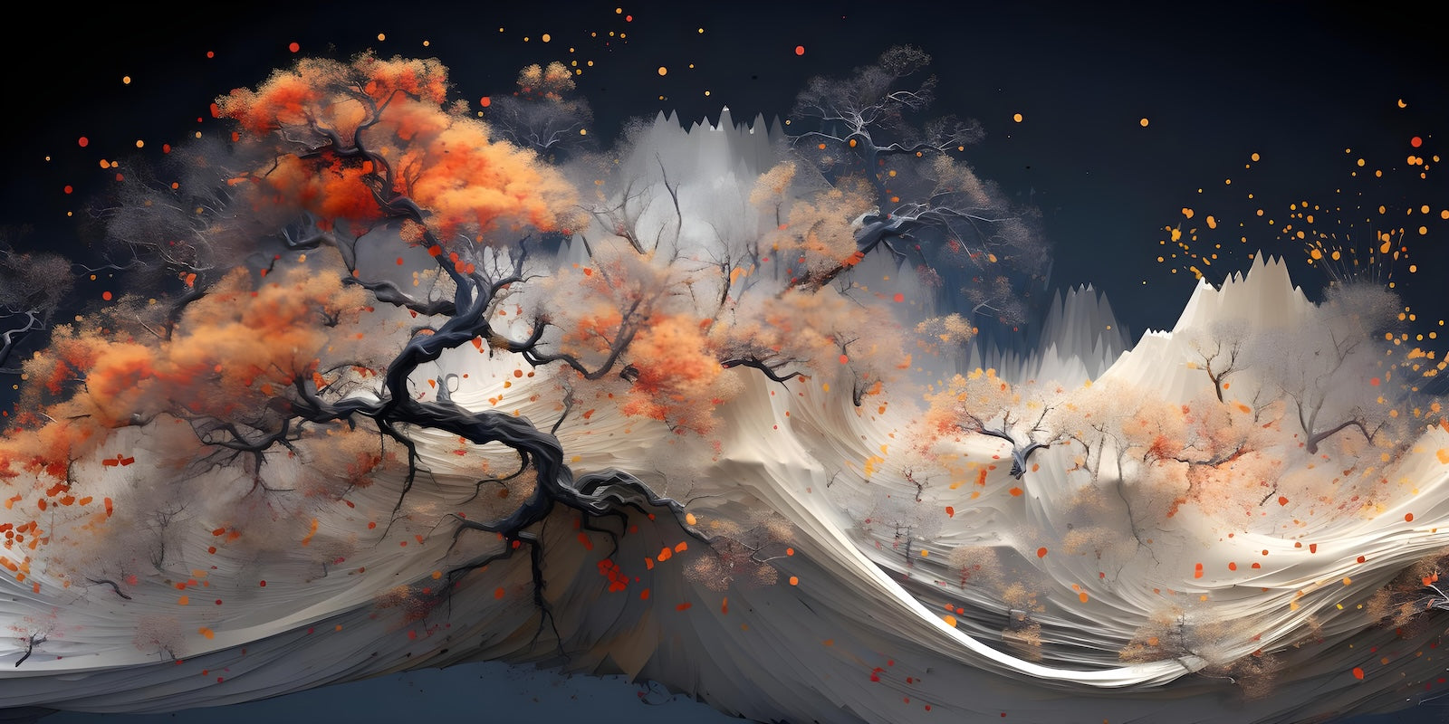 Papier Peint Abstrait - Arbre et Fumée Orange