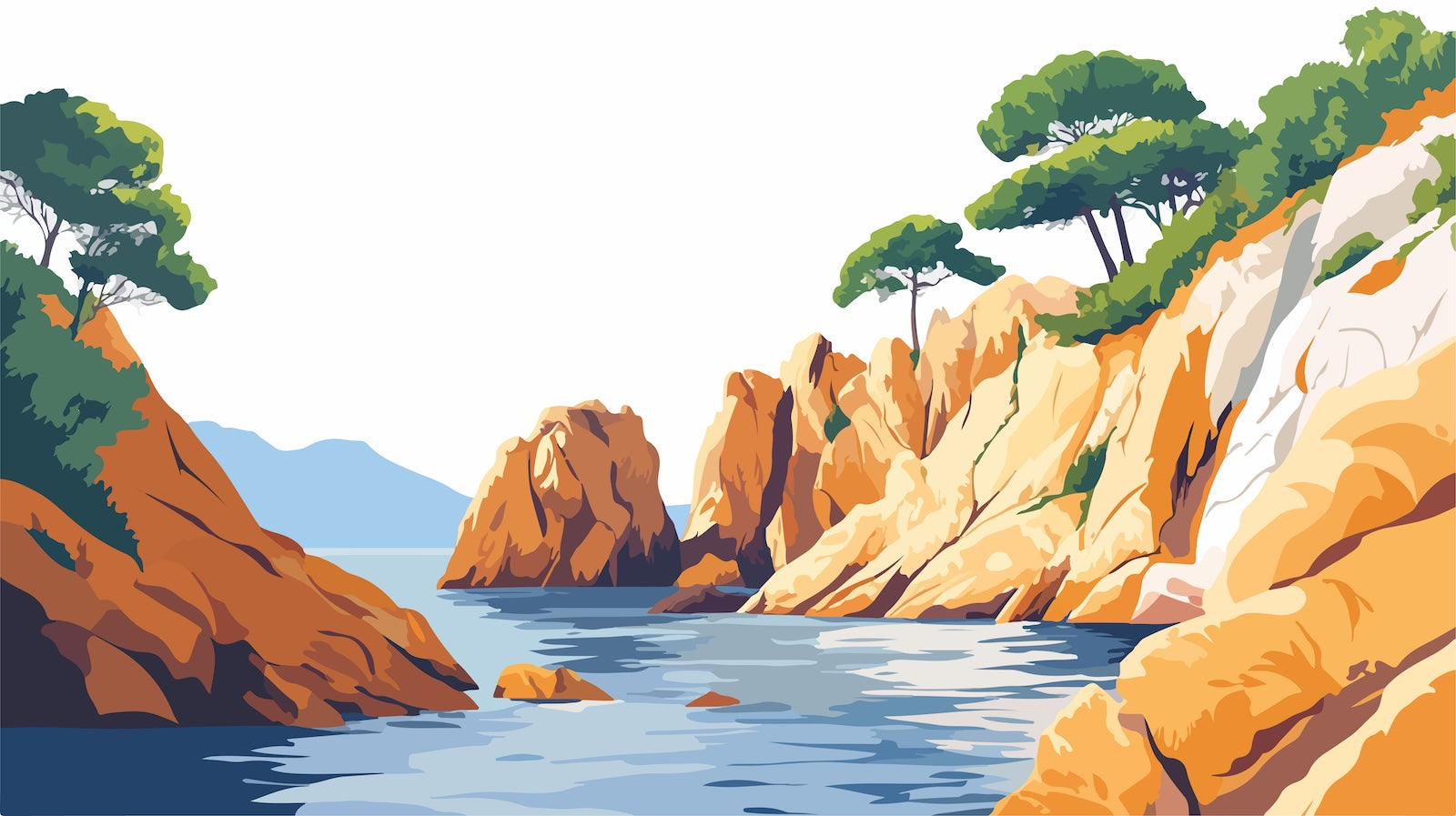 Papier Peint Paysage - Crique Rocheuse et Pins Méditerranéens