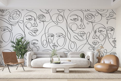 Papier Peint Noir et Blanc - Visages en Ligne Continue