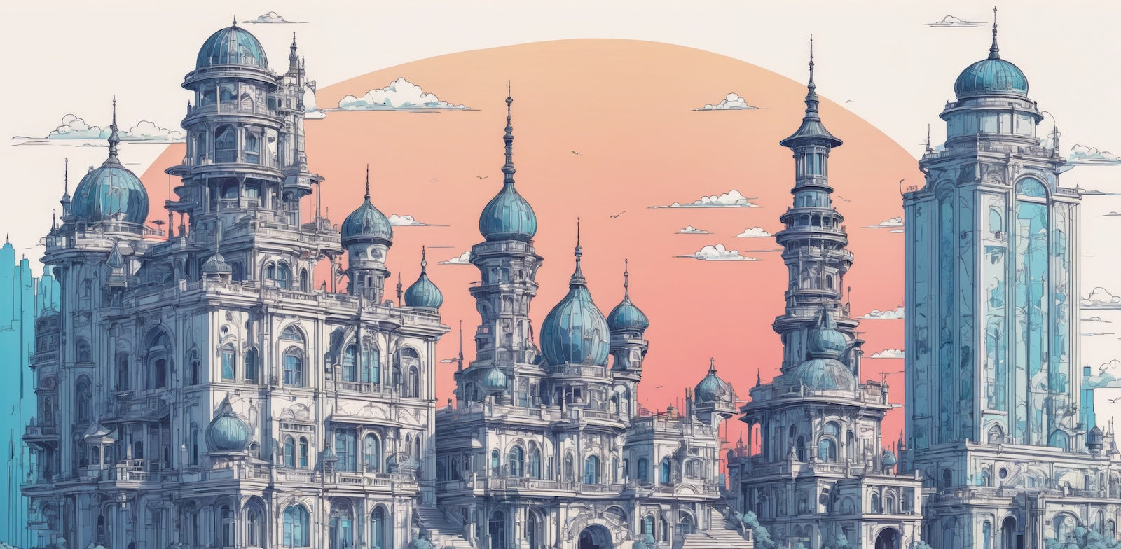 Papier Peint Illustration - Cité Fantastique Bleue et Orange