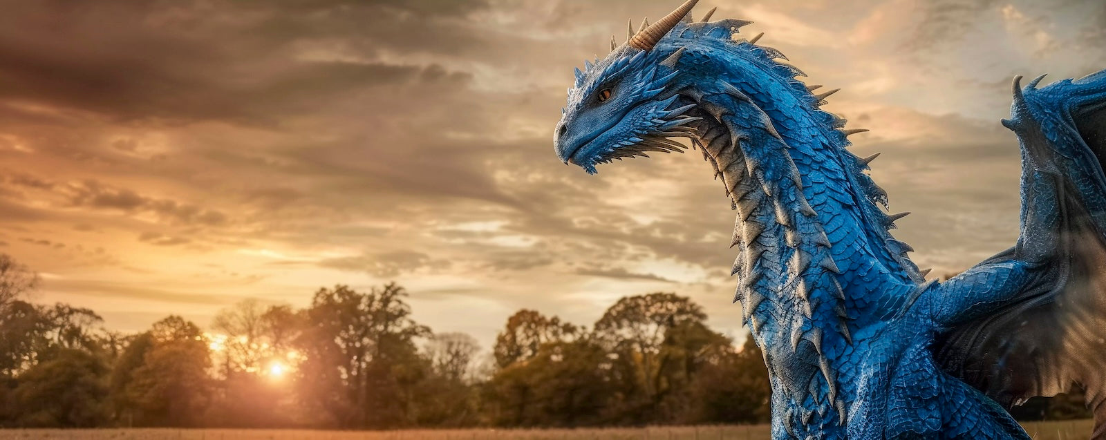 Papier Peint Fantastique - Dragon Bleu au Coucher de Soleil