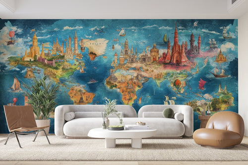 Papier Peint Carte du Monde - Colorée Vive