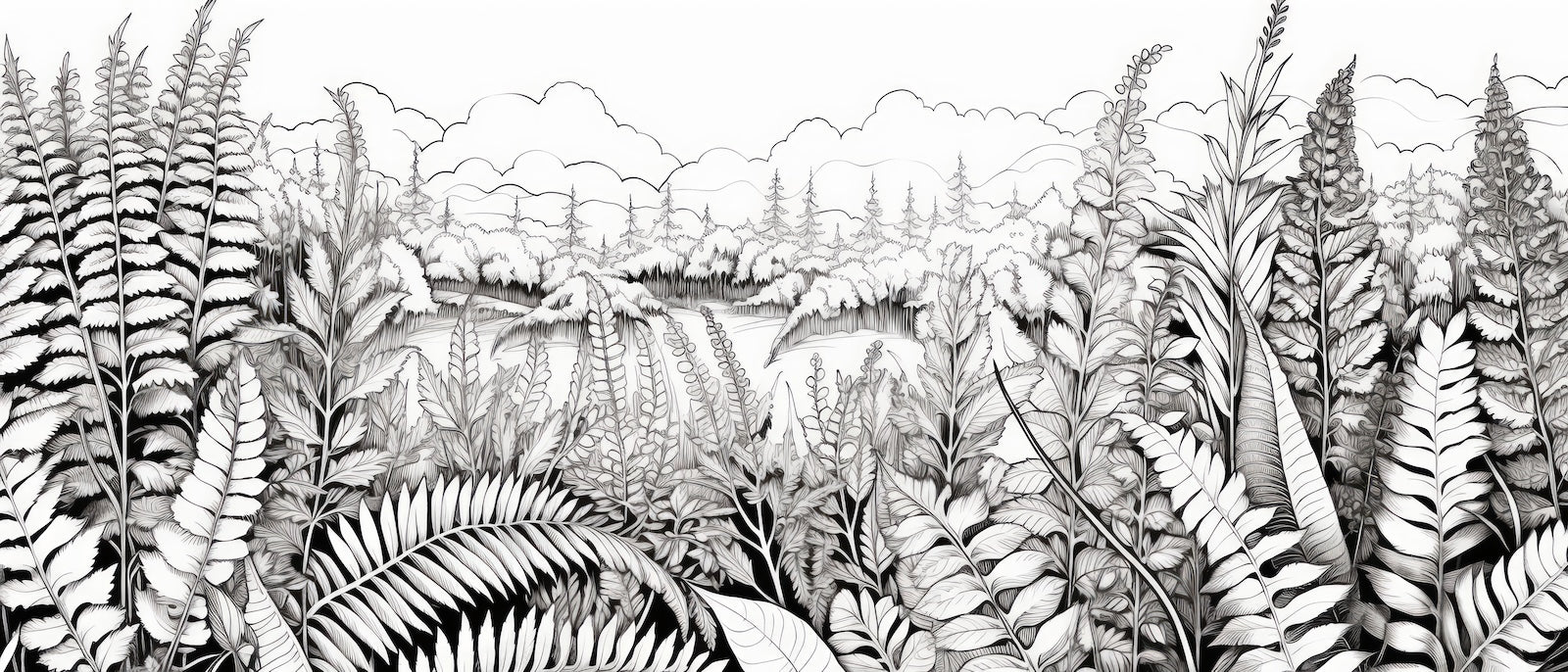 Papier Peint Noir et Blanc - Fougères Illustrées