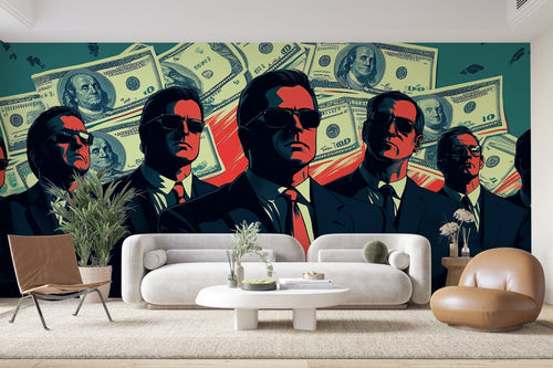 Papier Peint Pop Art - Mafia et Argent Turquoise