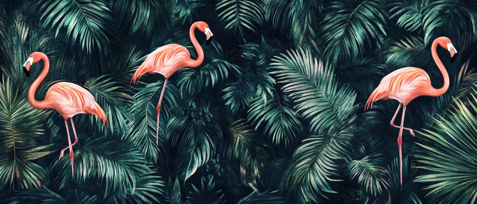Papier Peint Animaux - Flamants Roses sur Fond Vert Sombre