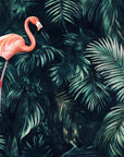 Papier Peint Animaux - Flamants Roses sur Fond Vert Sombre