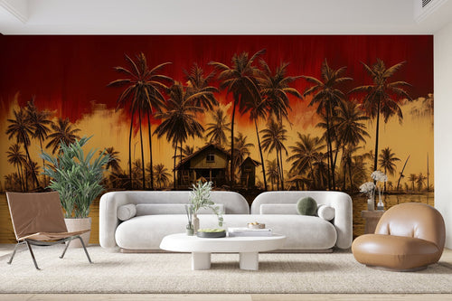 Papier Peint Tropical - Palmiers Rouge au Coucher de Soleil
