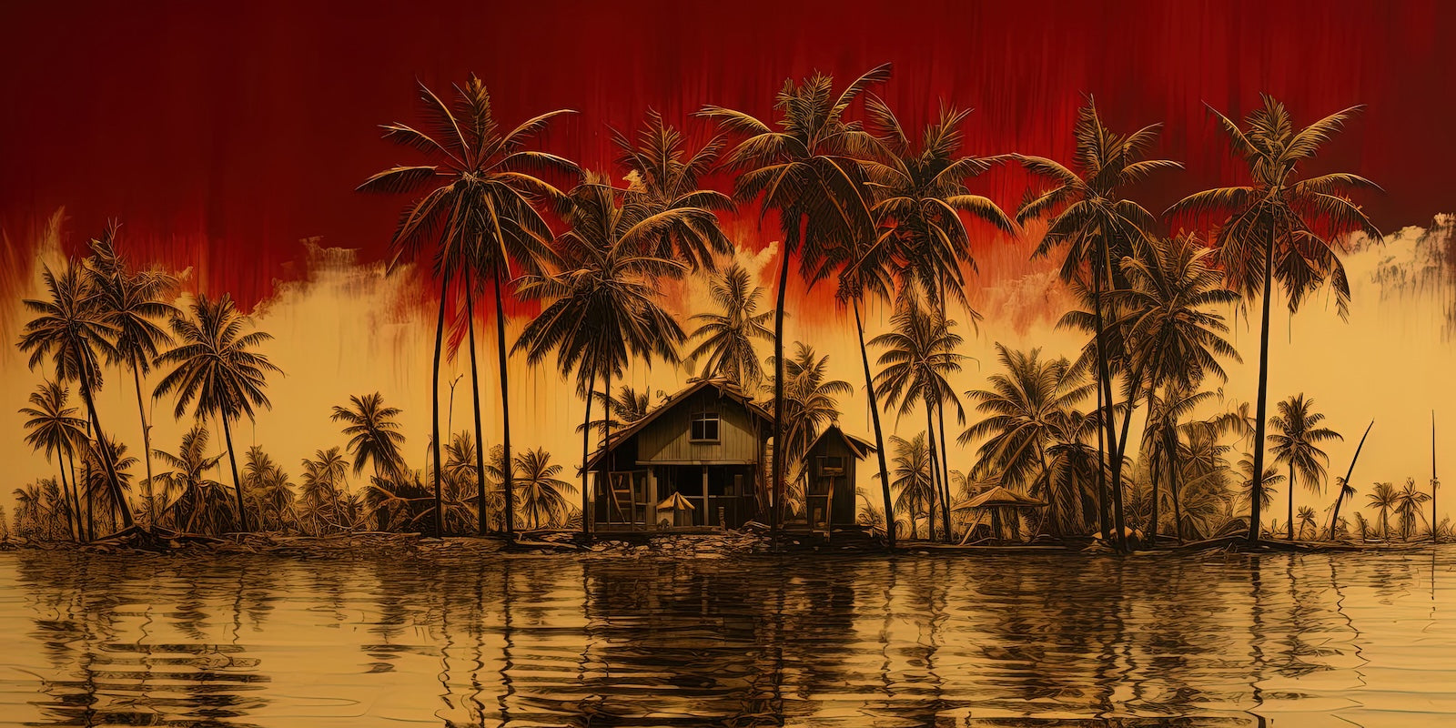 Papier Peint Tropical - Palmiers Rouge au Coucher de Soleil
