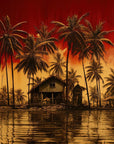 Papier Peint Tropical - Palmiers Rouge au Coucher de Soleil