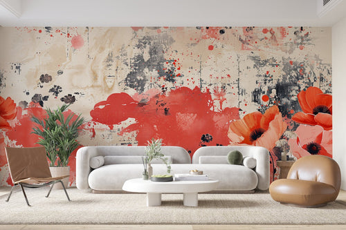 Papier Peint Floral - Rouge Vif Éclatant
