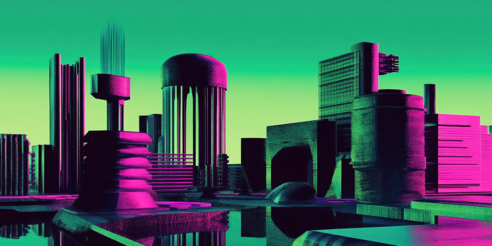 Papier Peint Abstrait - Skyline Néon Rose et Vert