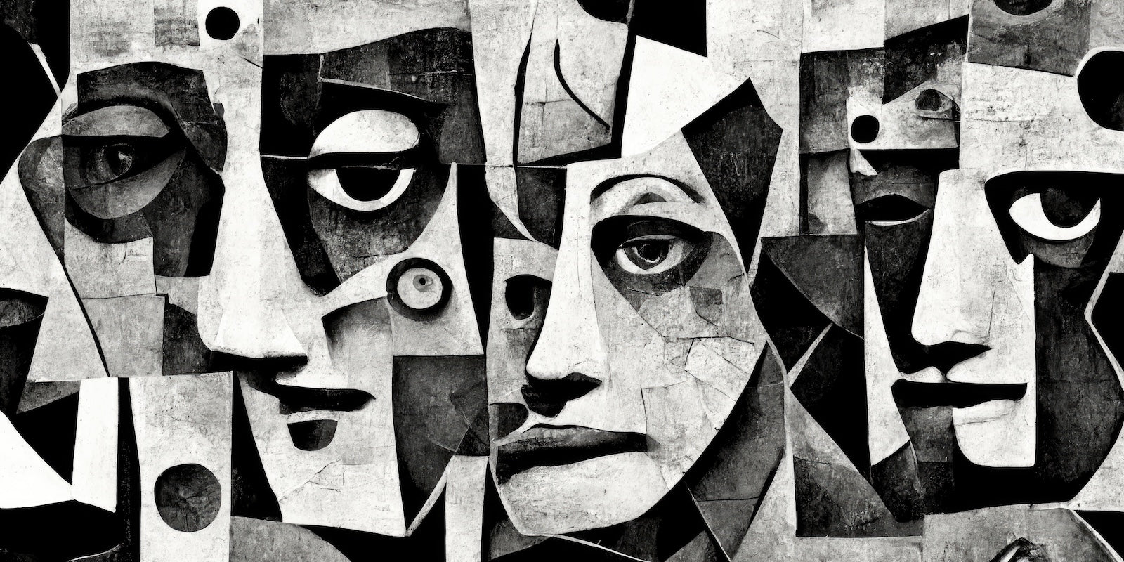 Papier Peint Abstrait - Visages Cubistes Noir et Blanc