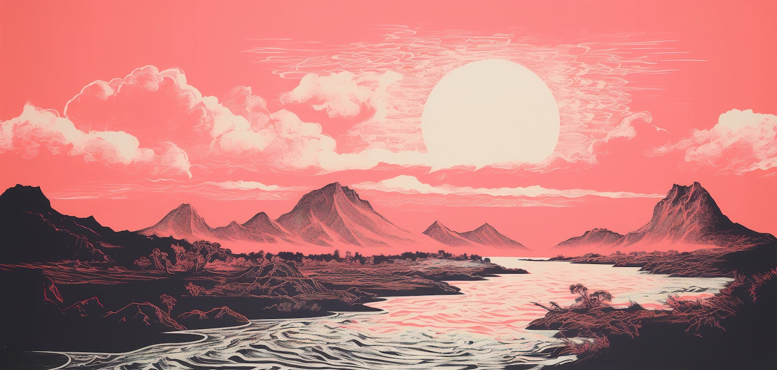 Papier Peint Montagne - Rivière au Coucher de Soleil Rose