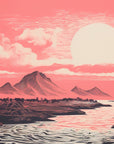 Papier Peint Montagne - Rivière au Coucher de Soleil Rose