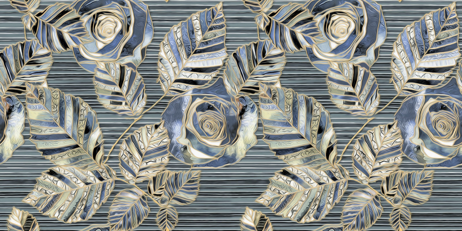 Papier Peint Floral - Roses et Feuillage Bleu Métallisé