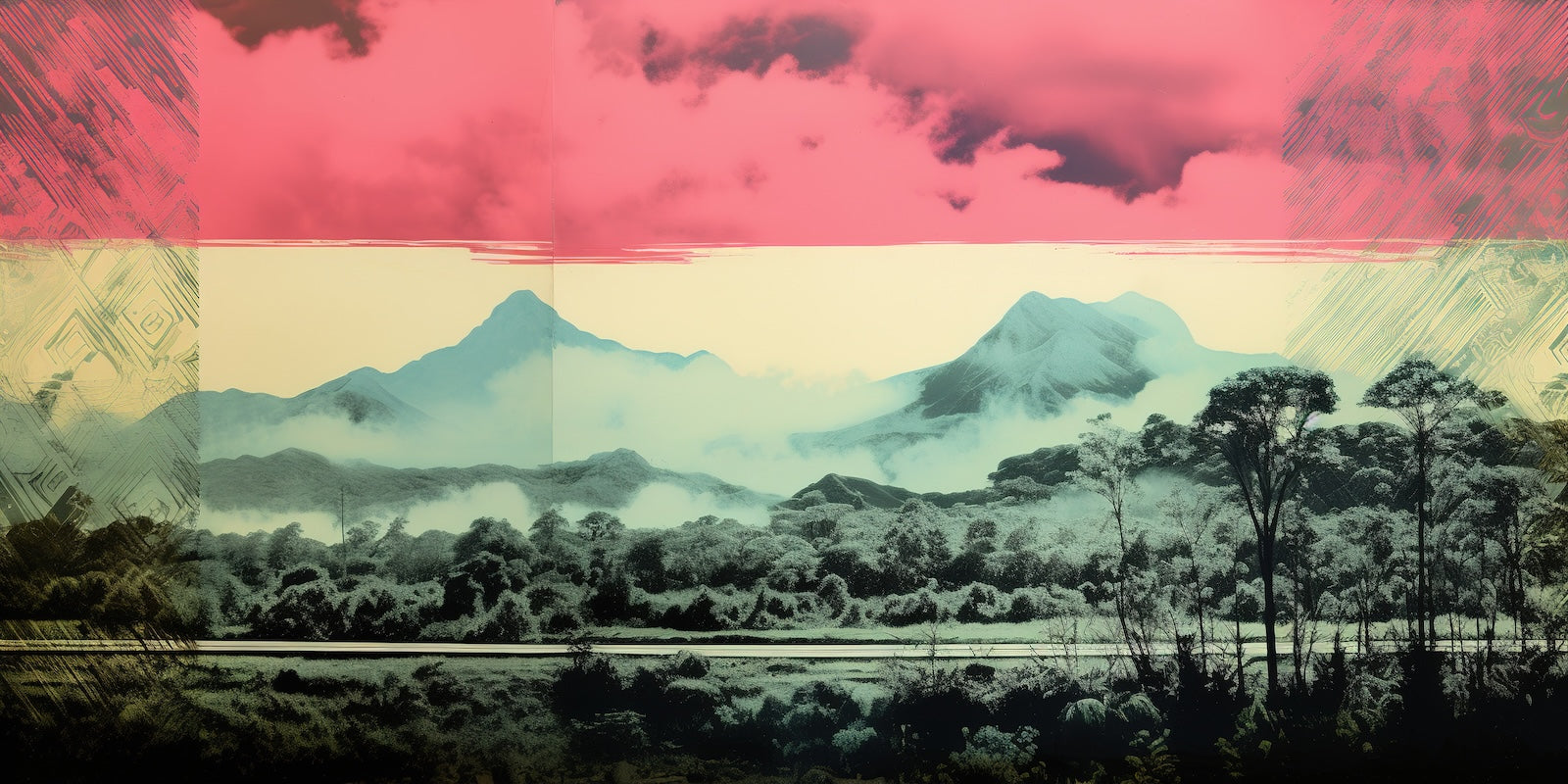 Papier Peint Montagne - Illustration Turquoise et Rose