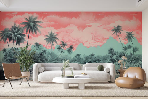 Papier Peint Tropical - Palmiers Turquoise et Rose