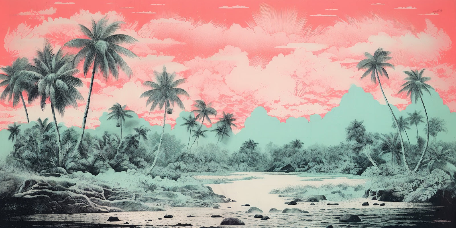 Papier Peint Tropical - Palmiers Turquoise et Rose