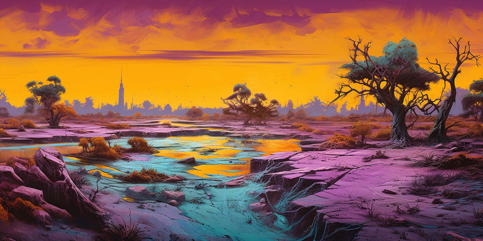 Papier Peint Illustration - Paysage Fantastique Violet et Orange