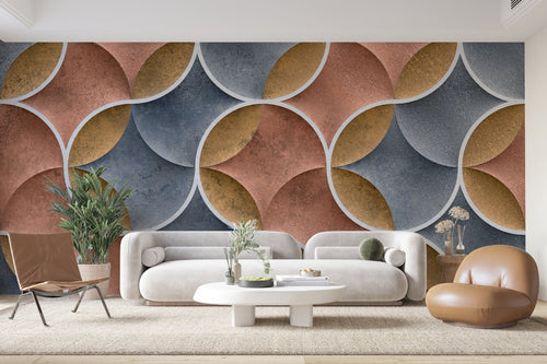Papier Peint Géométrique - Cercles Terracotta et Bleu Nuit