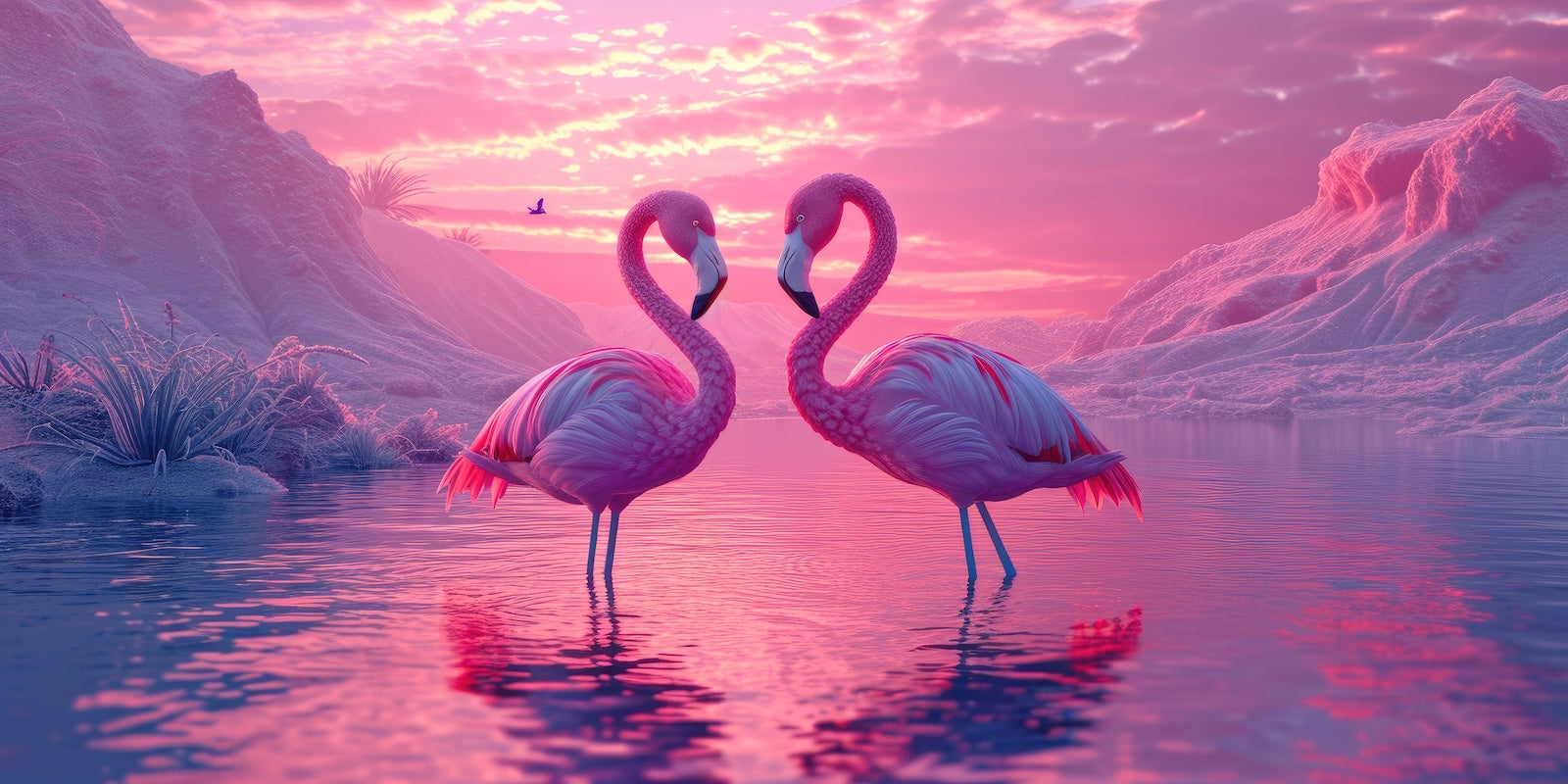 Papier Peint Animaux - Flamants Roses et Montagnes Violettes