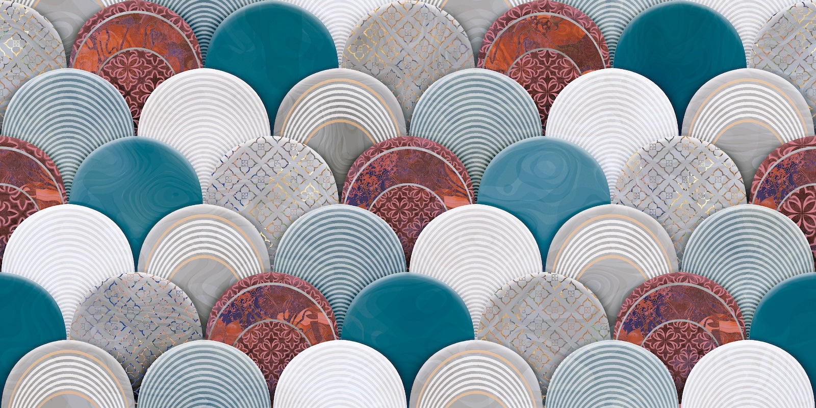 Papier Peint Géométrique - Écailles Éventails Bleu et Bordeaux