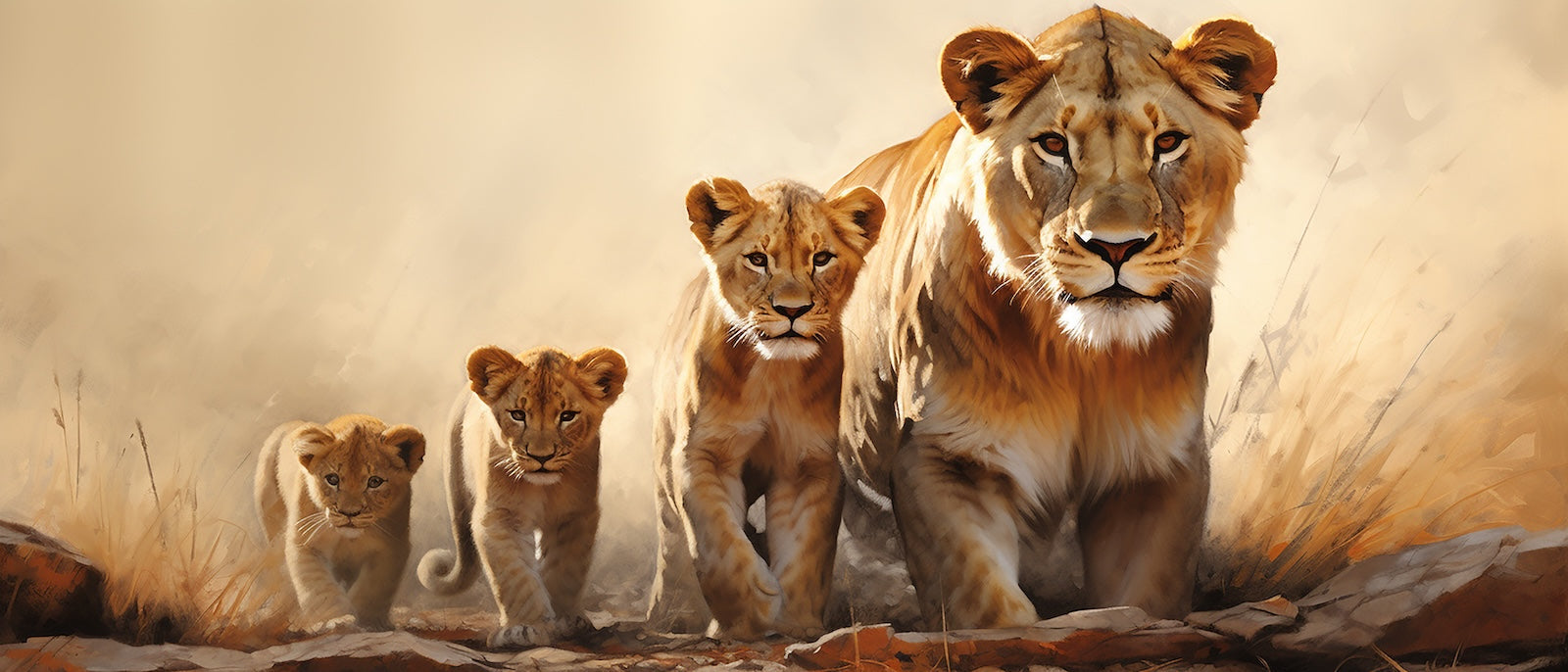 Papier Peint Animaux - Famille de Lions dans la Savane