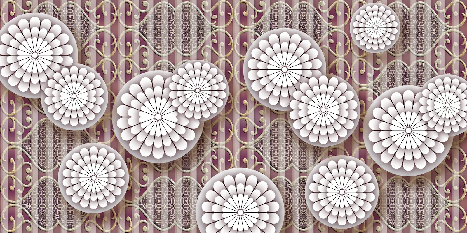 Papier Peint Baroque - Médaillons Fleuris Prune
