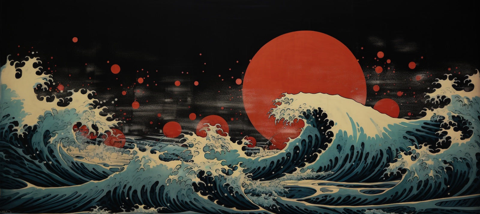 Papier Peint Japonais - Grande Vague et Soleil Rouge