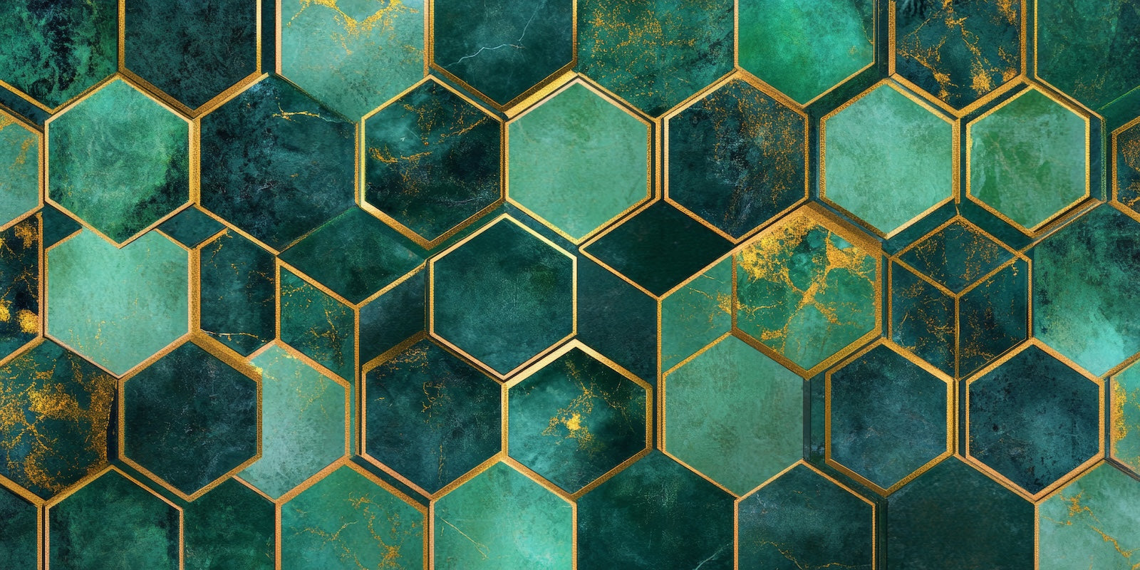 Papier Peint Géométrique - Hexagones Turquoise et Or