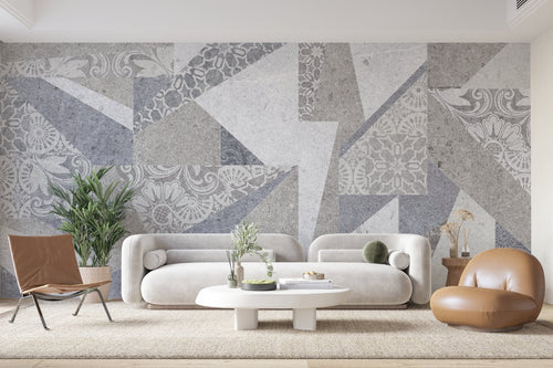 Geometrisch behang - Grijze en witte patchwork-driehoeken