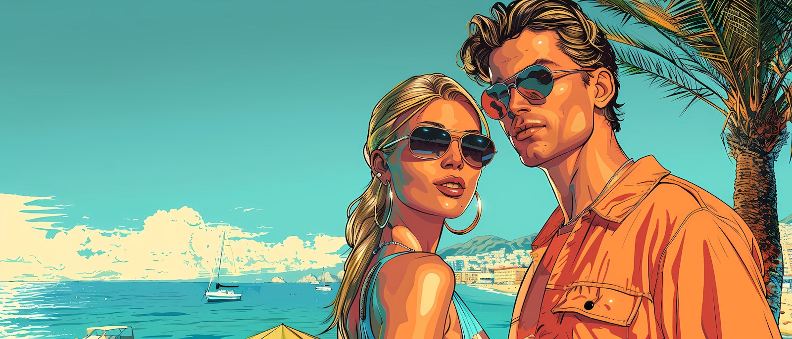 Papier Peint Rétro - Couple à la Plage Turquoise