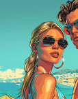 Papier Peint Rétro - Couple à la Plage Turquoise