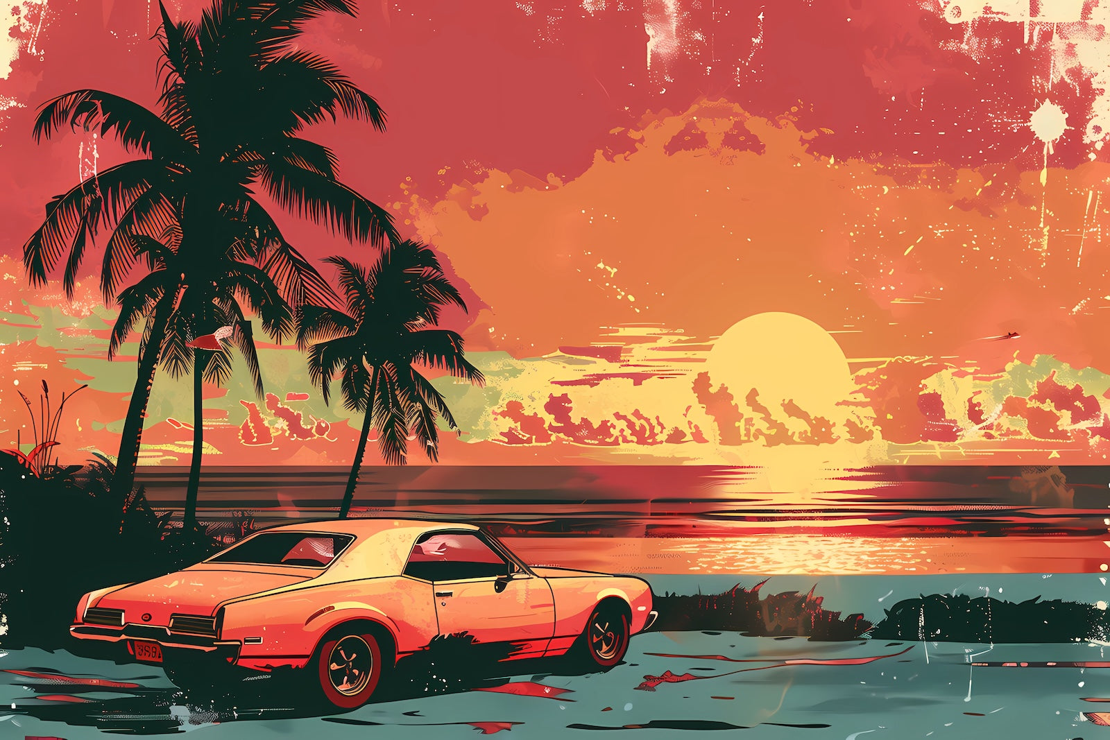 Papier Peint Rétro - Voiture et Palmiers au Coucher de Soleil