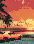 Papier Peint Rétro - Voiture et Palmiers au Coucher de Soleil