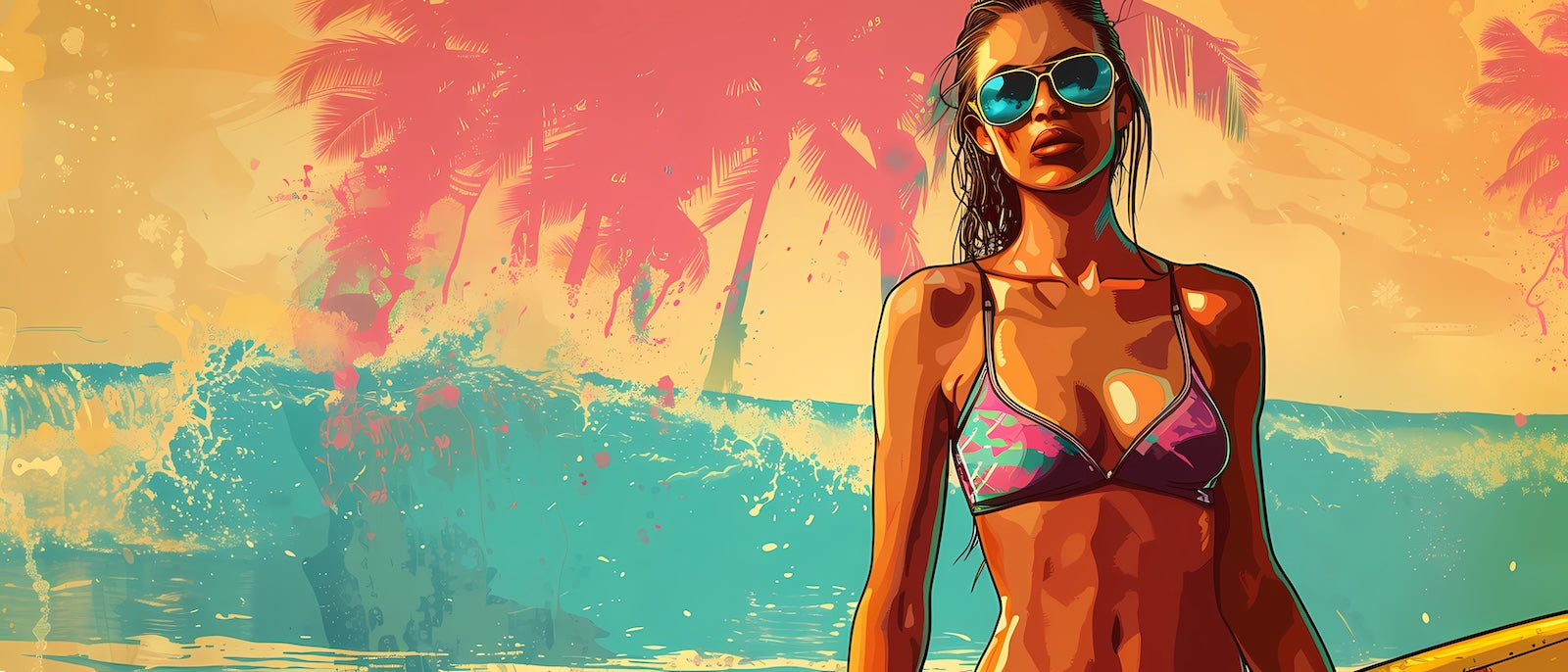 Papier Peint Rétro - Femme à la Plage Illustrée