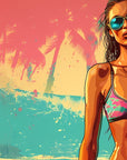 Papier Peint Rétro - Femme à la Plage Illustrée