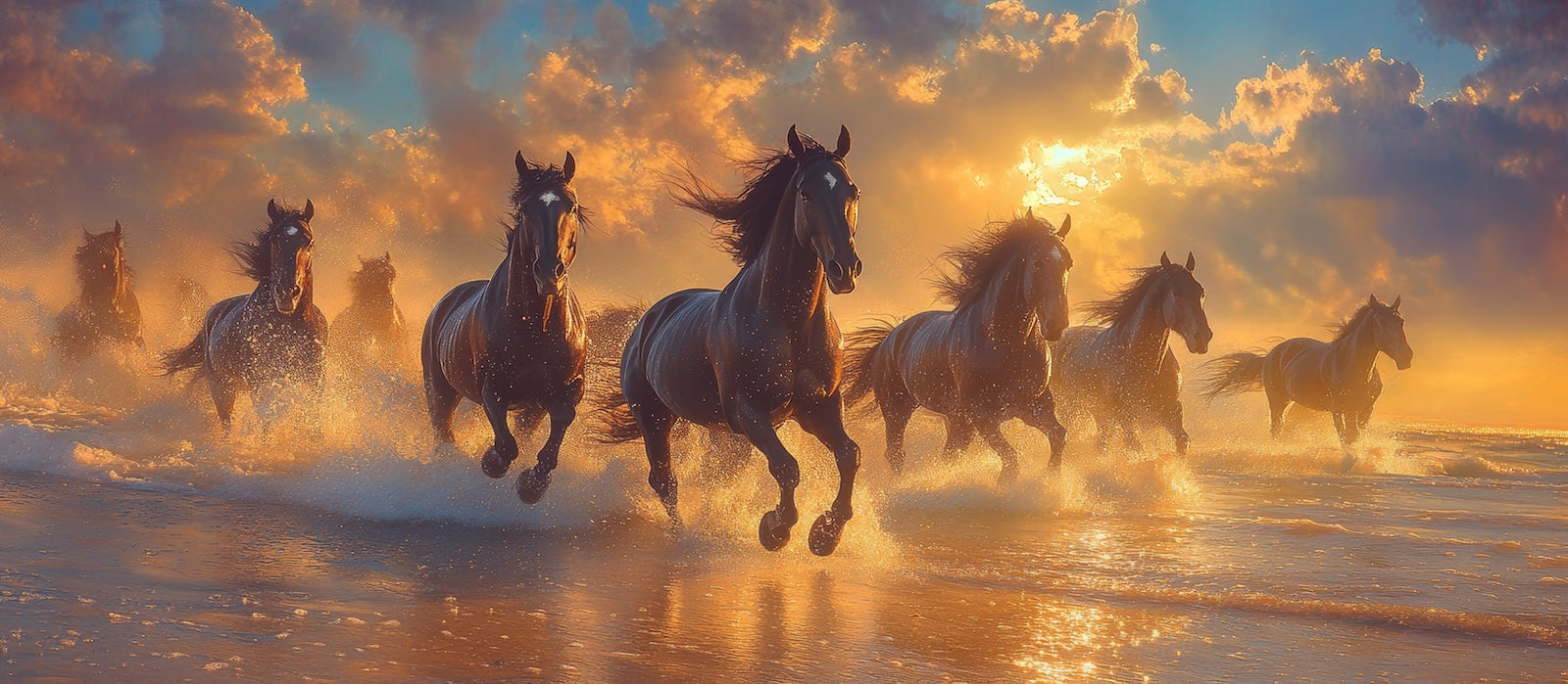 Papier Peint Animaux - Troupeau de Chevaux au Coucher de Soleil