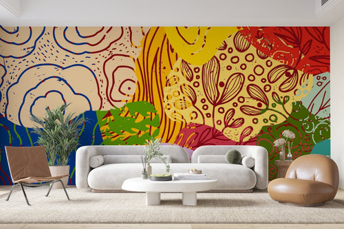 Papier Peint Abstrait - Doodle Floral Multicolore