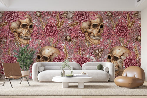 Papier Peint Motif - Crânes et Fleurs Roses