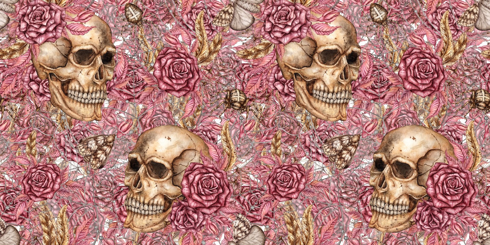 Papier Peint Motif - Crânes et Fleurs Roses