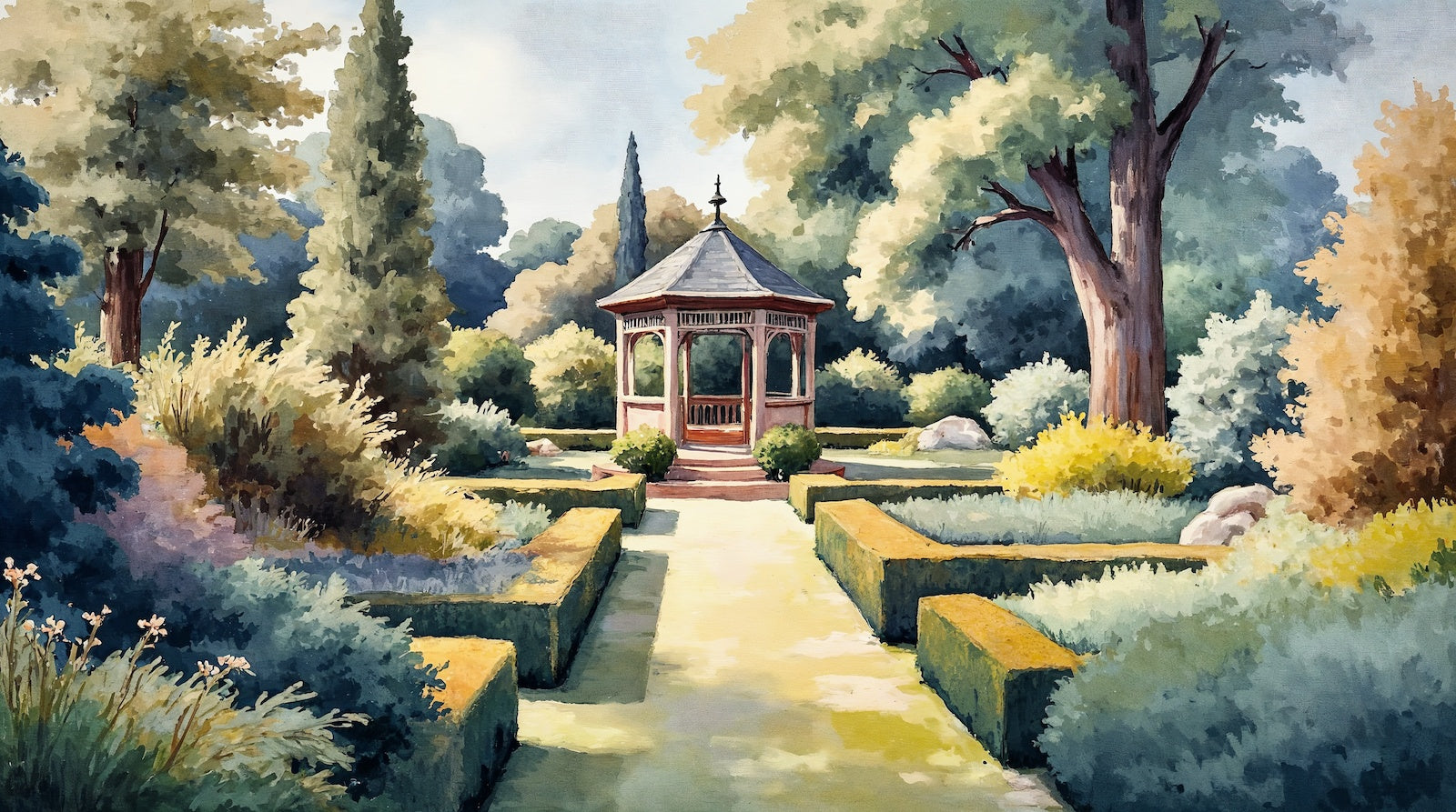 Papier Peint Illustration - Jardin Coloré et Pavillon
