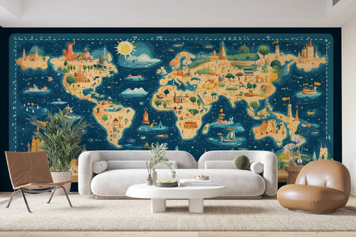 Papier Peint Carte du Monde - Colorée Vintage